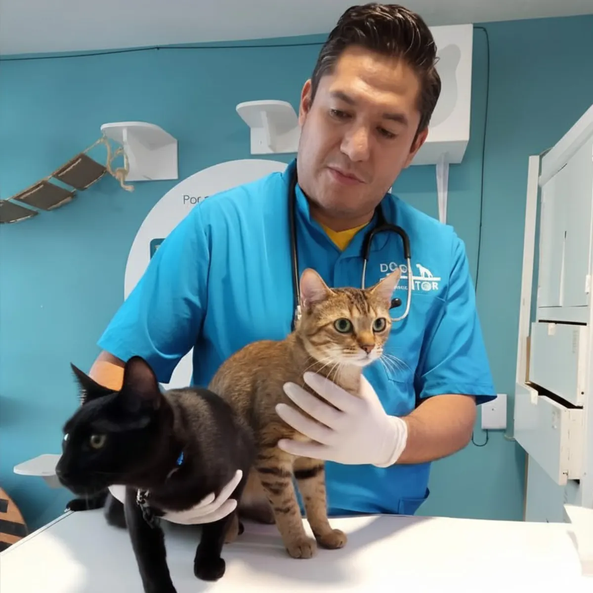 Veterinario con dos gatos
